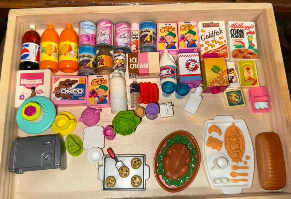 Vintage Tyco Kitchen Littles Barbie Food Lot – 48 + Mini Items Mixed Brands